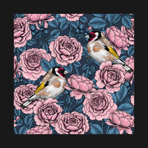 Pink Rose flowers and goldfinch birds by katerinamk