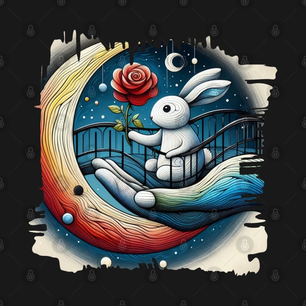 Illustration of a Rabbit stands on a bridge and gives a rose to the moon. by zinfulljourney