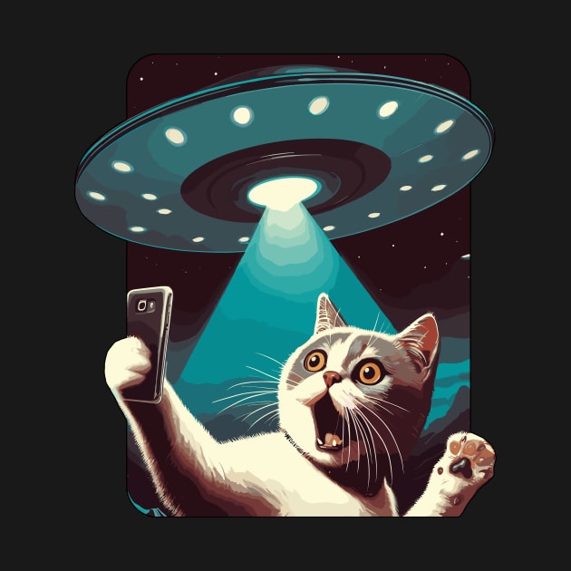 Funny Cat Selfie With UFOs Behind by KromADesign