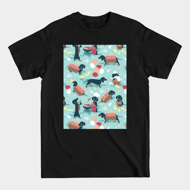 Discover Hot dogs and lemonade // pattern // aqua green background navy and brown dachshunds - Dachshund Dog - T-Shirt
