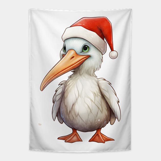 American White Pelican in Santa Hat Tapestry by Chromatic Fusion Studio