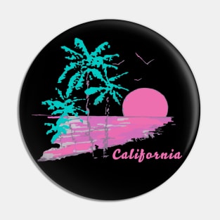 California Dreaming Bright Sunrise or Sunset Over the Beach and Ocean with Palm Trees and Birds Pin