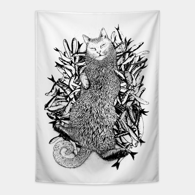 Fishpile Moggy Tapestry by InkCats