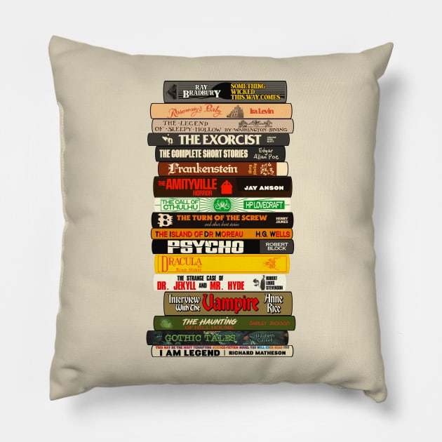 Classic Horror Books Stack Pillow by darklordpug