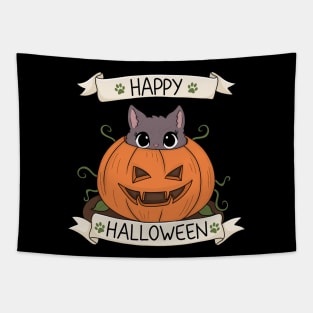 Cute Cat in Pumpkin - Halloween Tapestry