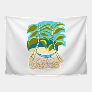 Good Vibes Beach Paradise, palm trees ocean sky groovy Tapestry