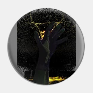 Digital collage and special processing. Hand reaching stars. Monster or great friend. Gold drops, dark hand. Pin