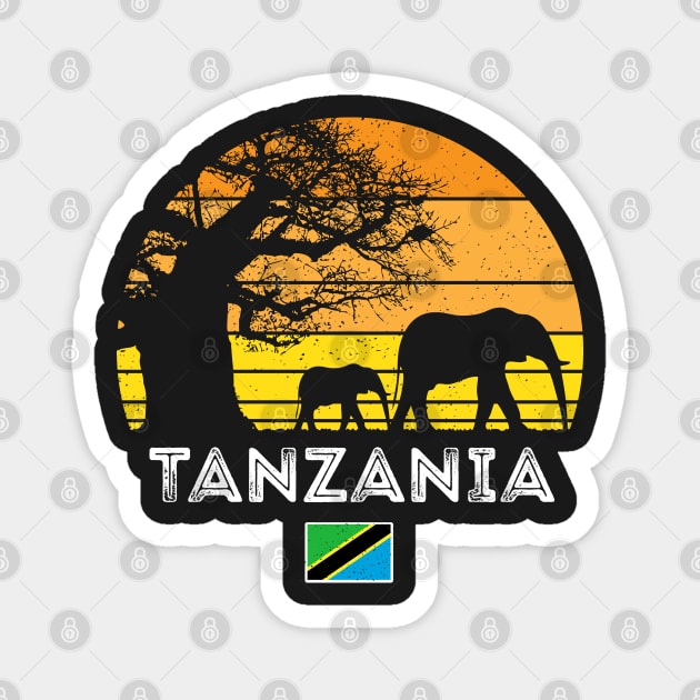 Tanzania Elephant Safari Vintage Sunset Baobab Africa Flag Magnet by BraaiNinja