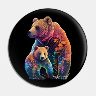 Nature's Love: Mother and Baby Bear with Floral Watercolor Design Pin