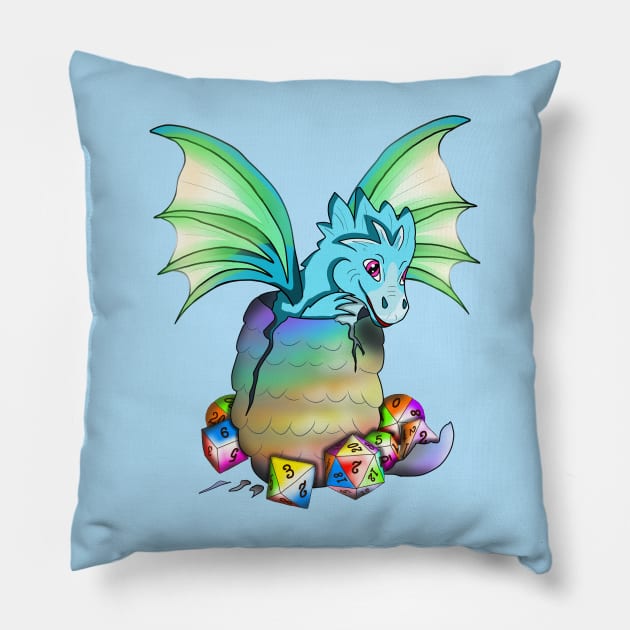 Cute baby dragon hatching from egg, surrounded by dnd dice Pillow by cuisinecat