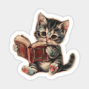 Cute cat reading book retro children illustration Magnet