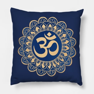 Blue and Gold Ohm Mandala Pillow