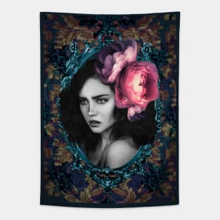 Bright Pink Flower Vintage Black and White Portrait Digital Artwork Tapestry