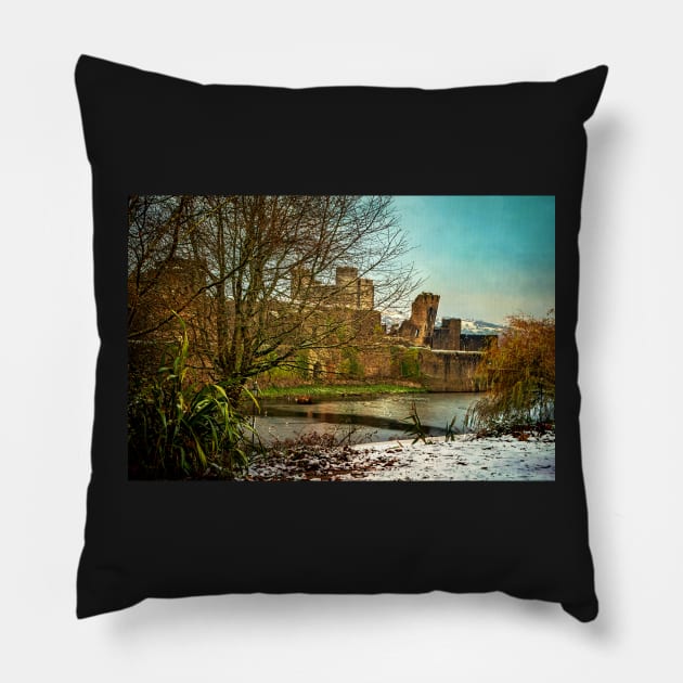 Winter at Caerphilly Castle Pillow by IanWL
