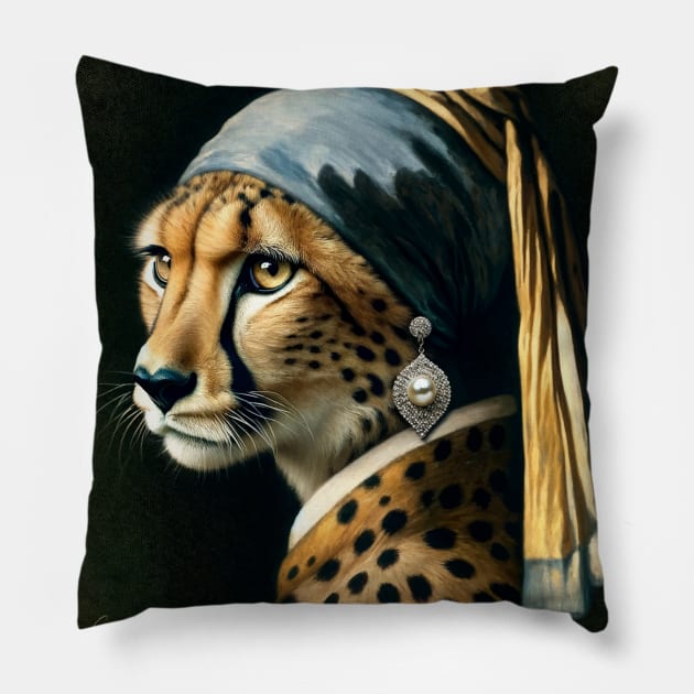 Wildlife Conservation - Pearl Earring Cheetah Meme Pillow by Edd Paint Something