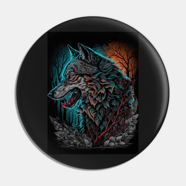 Wolf with blue and orange sky Pin by KoolArtDistrict