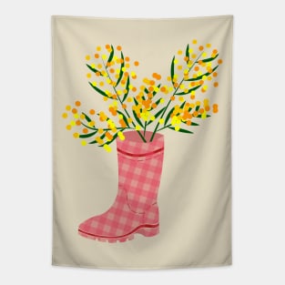 Rubber boots Wellies pink checkered Wellington boots and mimosa flower Tapestry