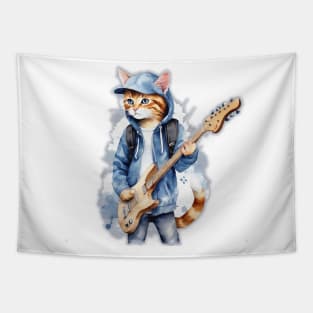 Cute streat cat wearing a hoodie with cap playing guitar watercolor splash Tapestry