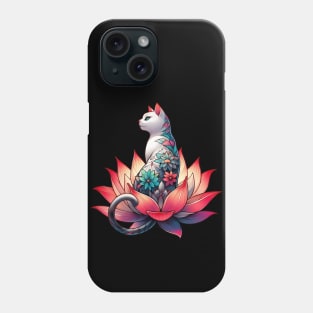 White cat with flower tattoo in lotus Phone Case