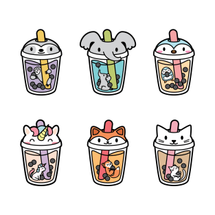 Cute Kawaii Bubble Tea Boba Animals - Cat, Unicorn, Fox, Sloth, Penguin and Elephant T-Shirt