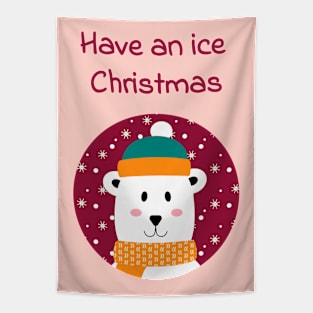 Cute polar bear wishing an ice Christmas Tapestry