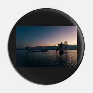 Two Fishermen at Work on Lake Inle in Early Morning, Myanmar Pin