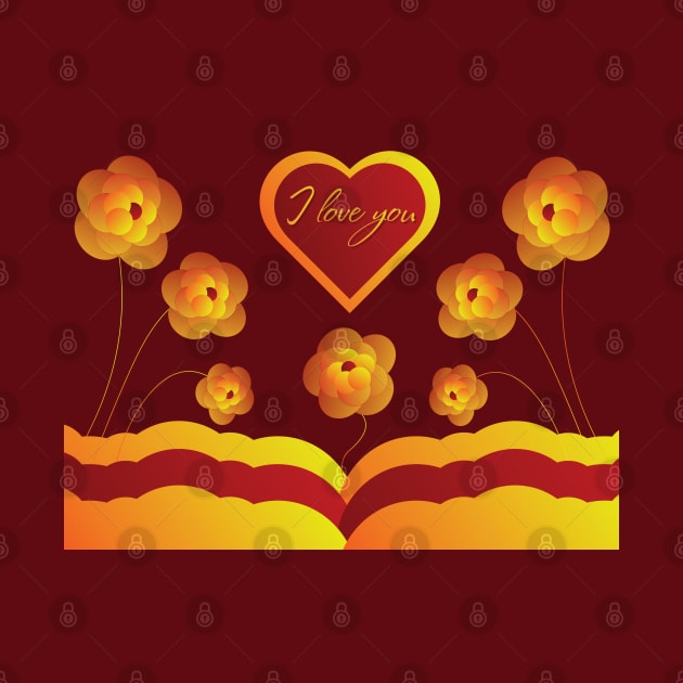 Golden flowers on a red background and a heart with the words "I love you". St. Valentine's Day by ClubFate