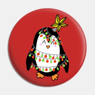 Cute Christmas Tree Lights Wrapped Penguin with a Star on his Head on a Maroon Backdrop, made by EndlessEmporium Pin