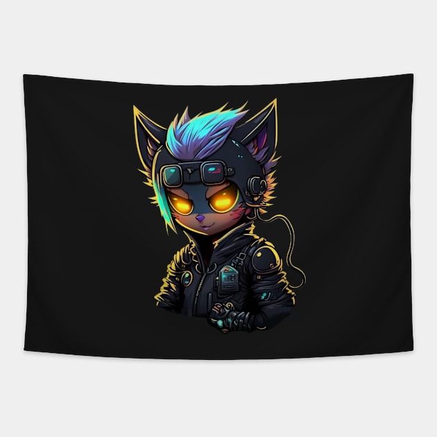 Cyberpunk Hacker Cat Tapestry by Shaani