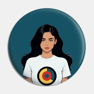 Young Woman with Black Hair Wearing a TShirt Pin