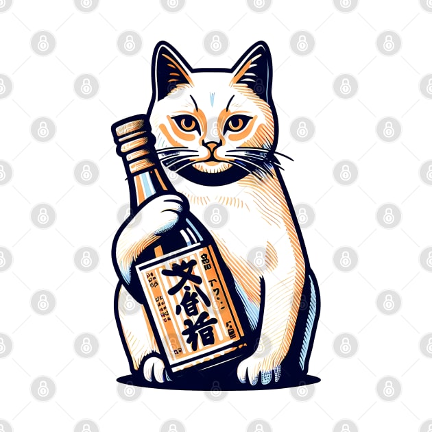 Vintage Cat and Sake: Hilarious Japanese-Inspired Tee by Klimek Prints