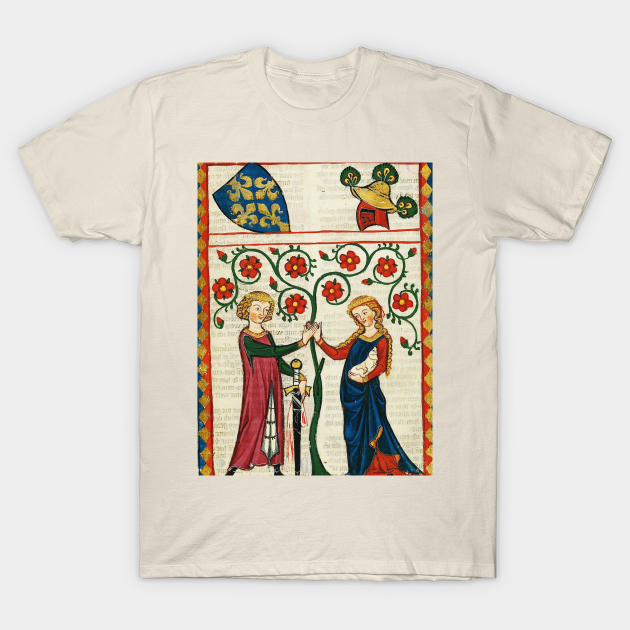 Discover GERMAN POET WITH HIS BELOVED LADY ,MEDIEVAL MINIATURE WITH WILD ROSES - Medieval Knight With His Lady - T-Shirt