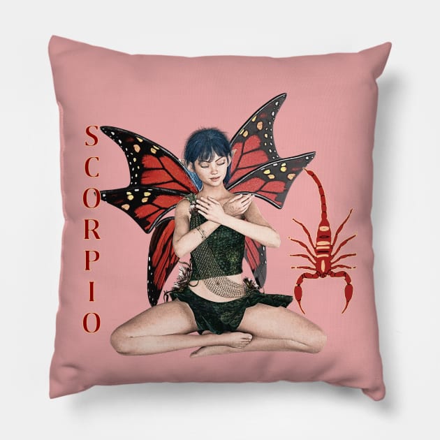 Scorpio fairy meditating with scorpion symbol Pillow by Fantasyart123