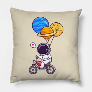 Cute Astronaut Riding Motorcycle With Planet Balloon Cartoon Pillow