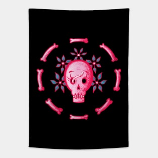 Funny Pink Skull With Flowers And Bones Tapestry