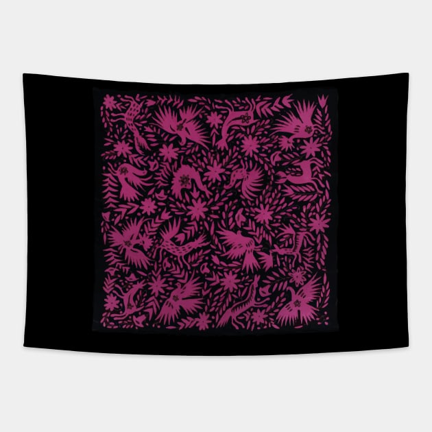 Otomí Mexican hand embroidery hot pink print flowers and animals interior design Tapestry by T-Mex