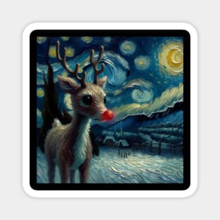 Guiding Starlight: Rudolph's Starry Night - Van Gogh-Inspired Reindeer Art Magnet