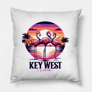 Key West Livin' - Tropical Flamingo Night Scene In Key West Pillow