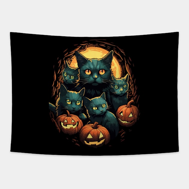 Halloween Scary Black Cats Cute Pumpkin Tapestry by Ramadangonim