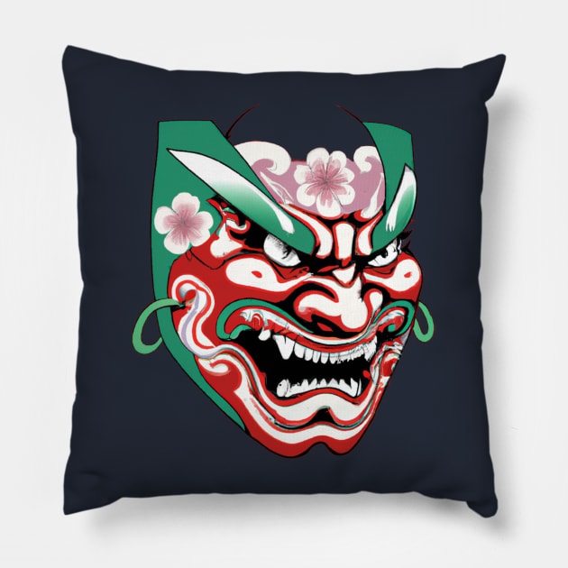 Traditional Japanese Hannya Mask - Demon Noh Theater Art Pillow by RisingSunCreations