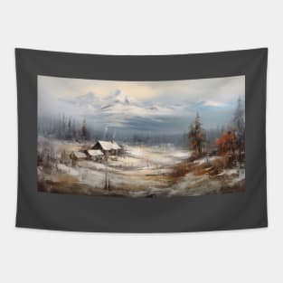 Painting of cozy cabins overlooking the mighty mountains for your Airbnb, hotel, motel or home Tapestry