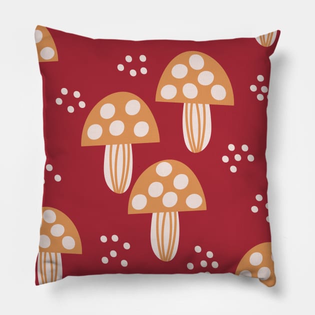 Forest of mushrooms in mustard and cool red Pillow by FrancesPoff