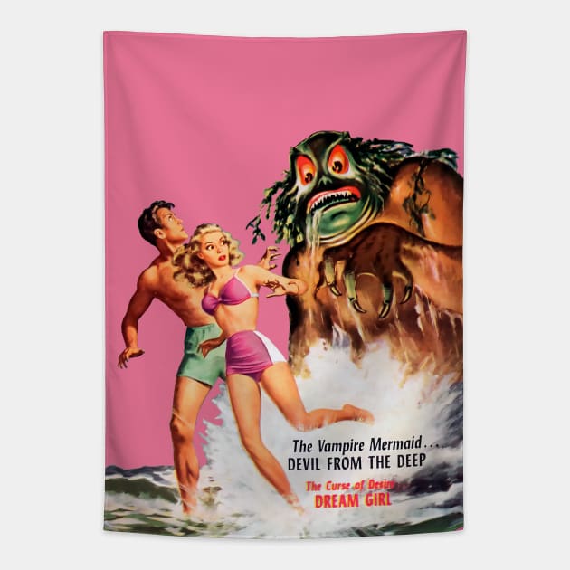 Sexy Pin Up Girl Running Escaping Vintage Monster Beach Sea Water Halloween Comic Tapestry by REVISTANGO