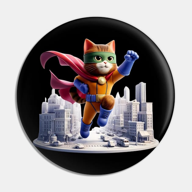 Superhero Cat to the Rescue – Urban Vigilante Sticker Pin by vk09design