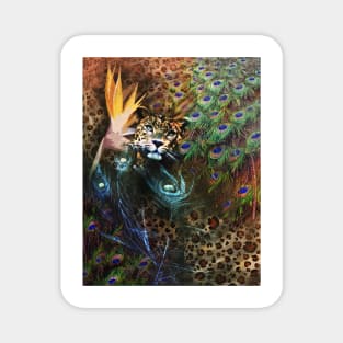 Leopard and Peacock Feathers Floral Exotic Nature Collage Magnet