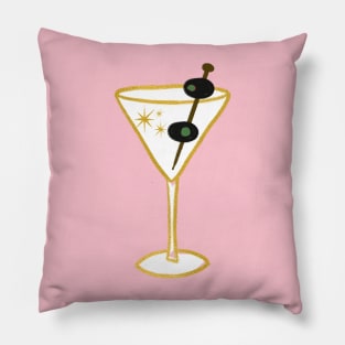 Glam Retro Faux Gold Martini Cocktail Drink Glass With two Black Olives Illustration Pillow