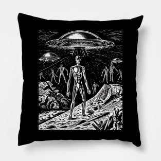 Black and White Alien UFO Invasion Art - Monochromatic Extraterrestrial Design Pillow