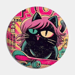 Pink Haired Black Cat Skater Girl Pin