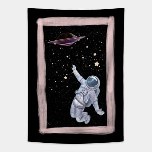 Floating astronaut Ufo alien abduction funny cute spaceship moon mars cosmic space Tapestry