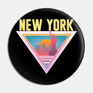 New York City Skyline Silhouette Sunrise Retro 80's / 90's Vaporwave Aesthetics - Bright Vintage Design For Sunny Summer Days Pin